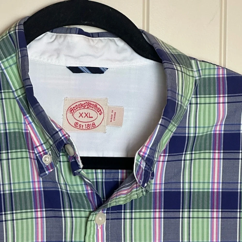 Brooks Brothers Button Up Shirt XXL Long Sleeve Blue Green Plaid 100% Cotton